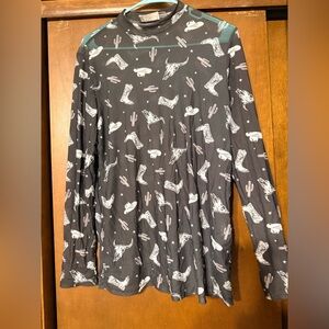Black Long Sleeve Western Print Top